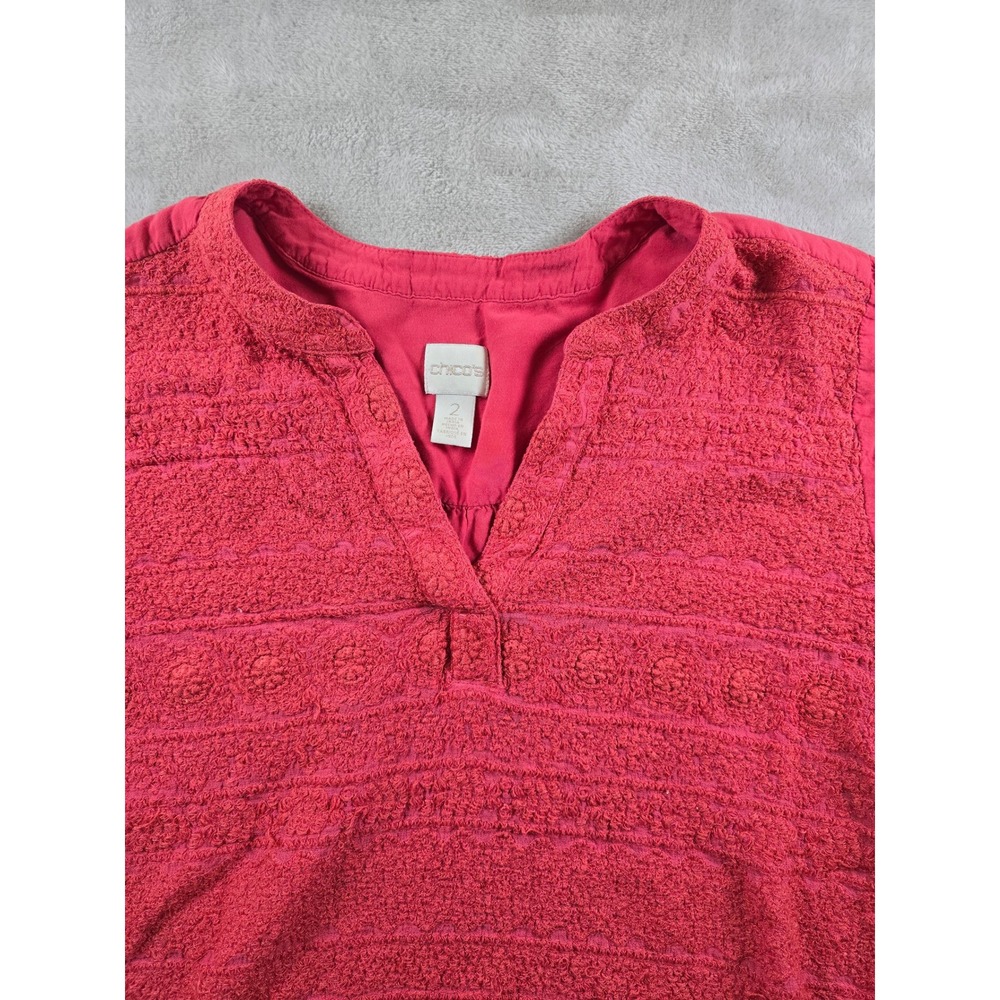 Chicos Top Shirt Blouse Womens Size 3 Pink Embroidered Long Sleeve‎ *Read